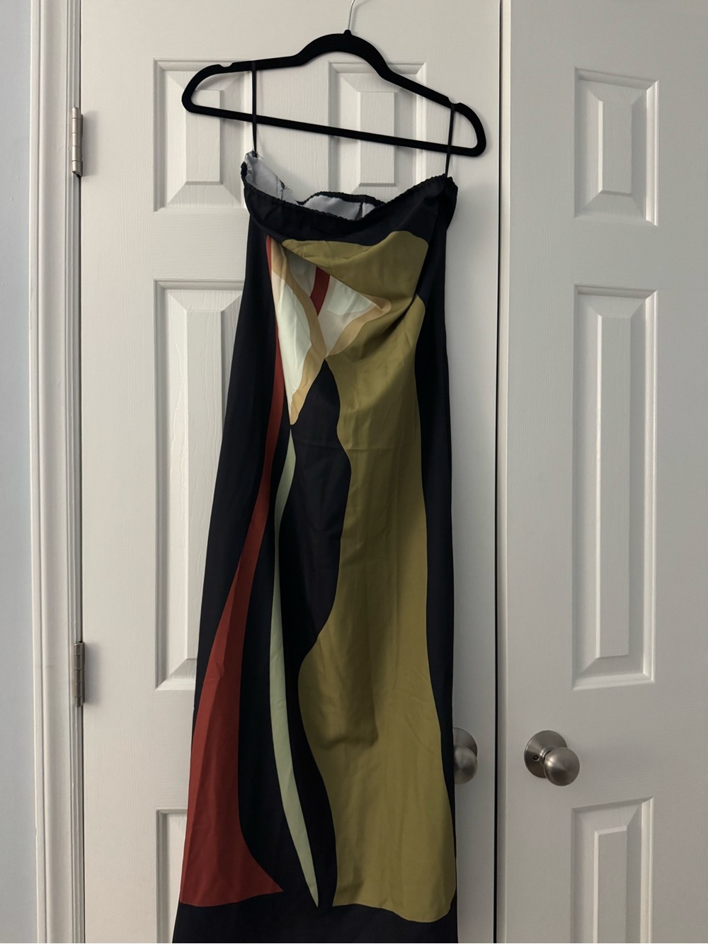 NWT Commense Black Strapless Slip Dress with Olive and Rust Abstract Panels